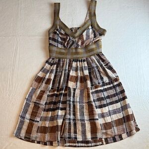 Plenty by Tracy Reese Anthropologie Brown Cream Plaid Sleeveless Silk Sundress 8